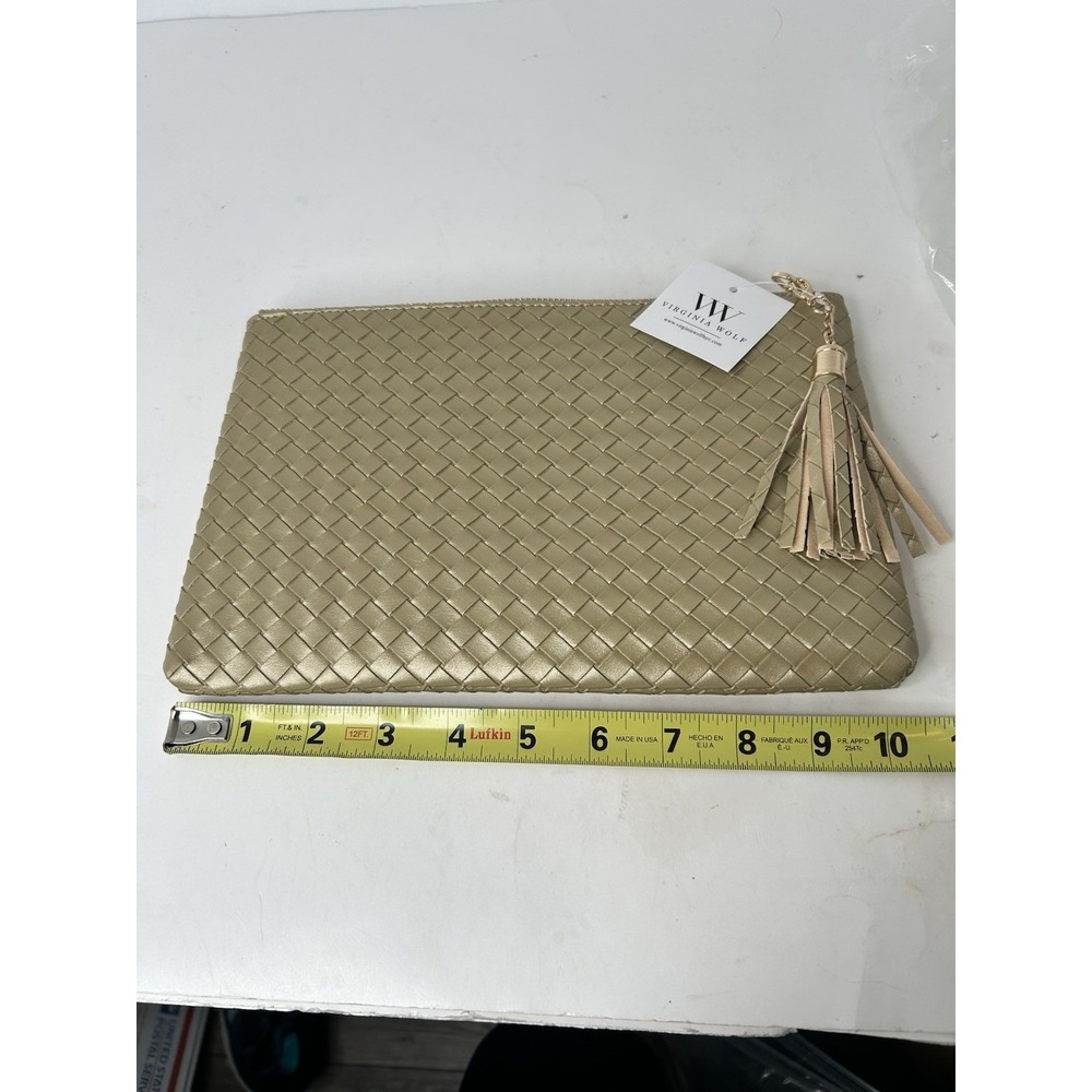 NWT Virginia Wolf Woven Pouch Metallic Gold Faux Leather Clutch w/Tassel Purse - Picture 7 of 7
